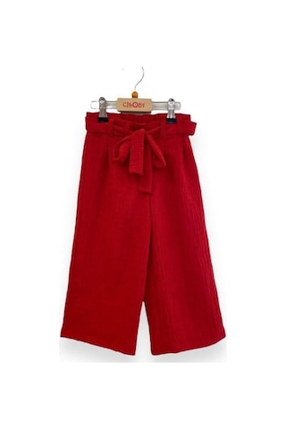 Çikoby Kız Çocuk Dokuma Bol Paça Pantolon-13767-kırmızı Kırmızı