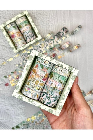 Kare Vintage Washi Tape Bant Yapışkanlı Maskeleme Kağıdı Desenli Bant 12'li - Yeşil Çiçekler 1