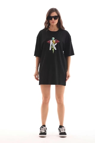 Modi Unisex Bisiklet Yaka Baskılı Oversize T-shirt - Siyah - Mymg112563