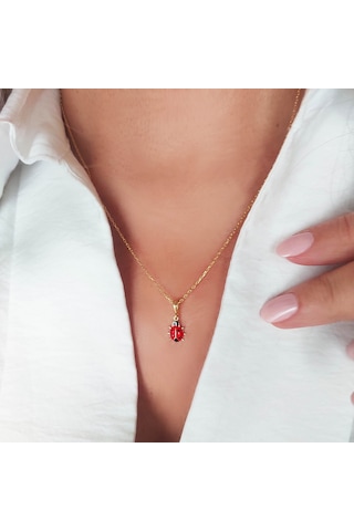 925 Ayar Gümüş Kırmızı Uğur Böceği Kolye Gold