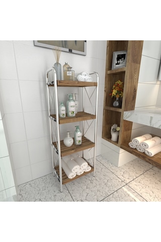Sahra Krom 4 Katlı Ahşap Raf Banyo Köşe Rafı Düzenleyici Organize Krom