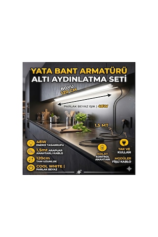 120 Cm 48w Mutfak Tezgah Aydınlatması ,beyaz Anahtarlı Kablolu Set,led İnce Bant Armatür Led Tak Çalıştır Diğer
