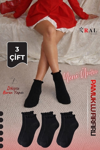 Kral Socks 3 Çift Pamuklu Fırfırlı Kadın Patik Çorap Dikişsiz Burun Siyah