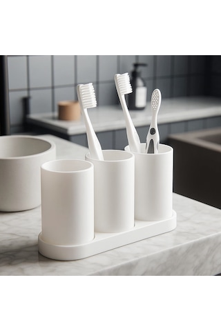 Beyaz 3 Bölmeli 3d Baskı Diş Fırçası Organizeri Banyo Düzenleyici Sert Plastik Beyaz