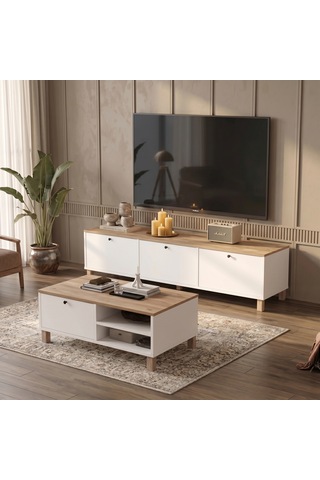 Robin Home Alaska Tv Ünitesi Orta Sehpa Ahşap Ayaklı 2'li Set Sepet-beyaz