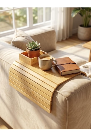 Mucit Home Bambu Koltuk Kenarı Tepsisi Ve Organizer Katlanabilir Bölmeli Ahşap Kanepe Yanı Sehpa, Bardaklık Ve Kumandalık