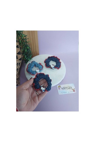 Hello Kitty Figürlü Scrunchie Lastik Toka Denim Kumaş Şık Saç Aksesuarı 1 Adet Lacivert