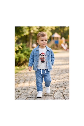 Deniva Kids Erkek Bebek Kot Ceket Sweatshirt Ve Pantolon 3'lü Kot Takım Baskılı Sweat Takım Mavi