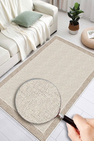 Bordürlü Jüt Sisal Görünümlü Dijital Baskılı Yıkanabilir Kaymaz Taban Modern Salon Halısı Yolluk Vizon-bej