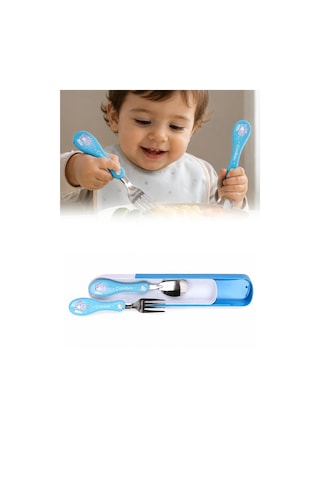 Çocuk Mama Kaşığı Çatal Seti Silikon Saplı Figürlü Metal Uçlu Bebek Yemek Seti Mavi