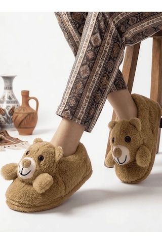 Altın Pabuç Kadın Hayvanlı Panduf Sıcak Tutan Peluşlu Rahat Yumuşak Kışlık Ayıcıklı Ev Terliği Pandifi Ve Botu Taba