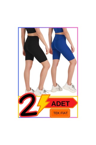 Missmaral Kadın Yüksek Bel Toparlayıcı Şort Tayt Siyah & Mavi 2'li Paket Lycralı Biker Shorts 21070 Siyah - Mavi
