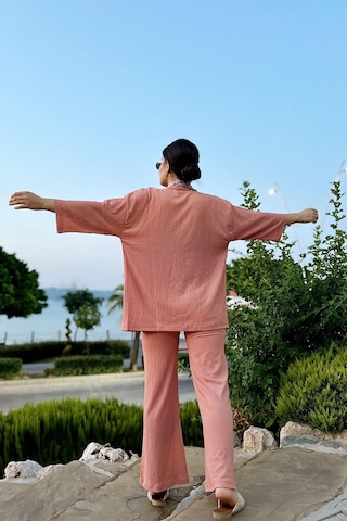 İpli Somon Renk Cep Detaylı Bol Paça Kimono Takım Somon