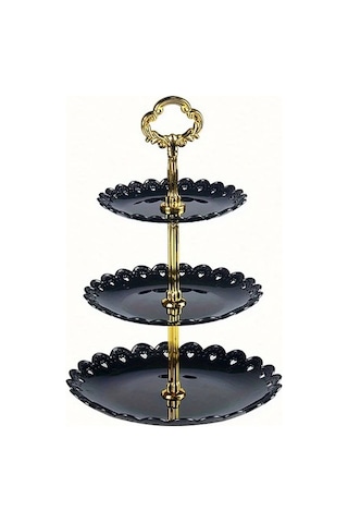 Dashanshop Ruffle Siyah Tek Parça 3 Katlı Porselen Kek Standı Kaymaz Tabanlı Dantel Desenli