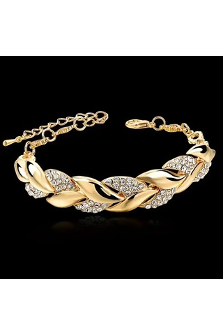 Gold Renk Yaprak Desenli Çelik Bileklik - Zirkon Taşlı, Ayarlanabilir Zincir, Şık Ve Zarif Tasarım Gold