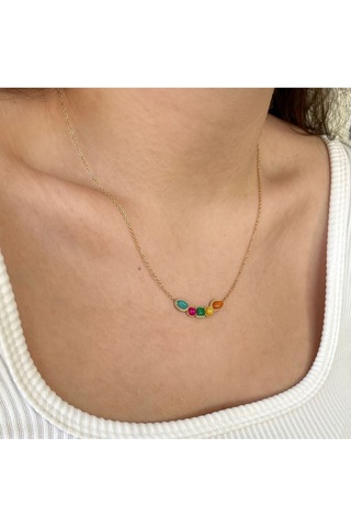 Vintage Renkli Taşlı Çelik Kolye Altın