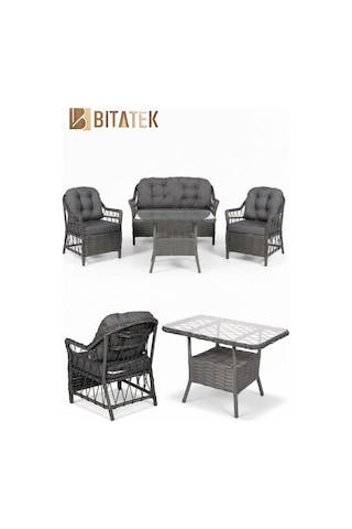 Dora Garden Home Inci 2+1+1 Rattan Bahçe Takımı Masalı Antrasit Siyahçizgili
