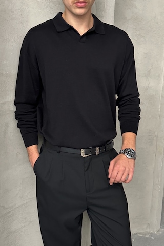 Erkek Pamuklu Polo Yaka Oversize Triko Kazak Siyah