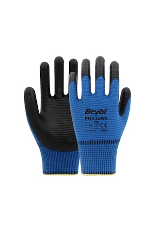Beybi PN5 Zebra Polyester Örme Nitril İş Eldiveni 12 Çift – Mavi - Siyah