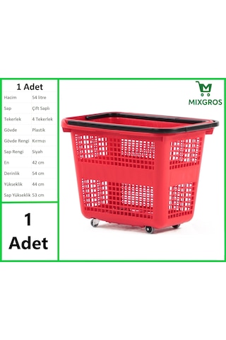 Tekerlekli Plastik Market Alışveriş El Sepeti 54 Litre Kırmızı 1 Adet