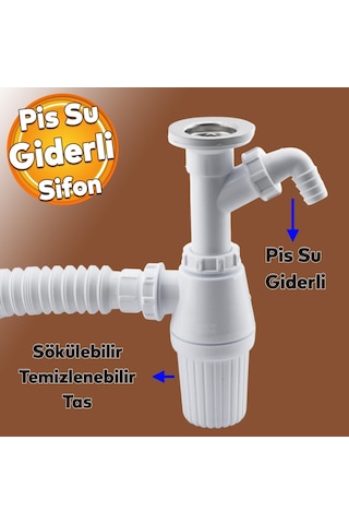 Pis Su Giderli Sökülebilir Tas'lı Çift Gider Sifon Körüklü Temizlenebilir Mutfak Banyo Lavabo Boru