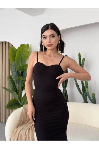 Defymoda Dominic Eteği Büzgülü Midi Boy Elbise Siyah