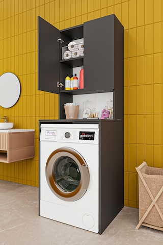 Asra Trend Çamaşır Makinesi Üstü Banyo Dolabı BD-01 %100 MDF İki Kapaklı Organizer Raf Antrasit