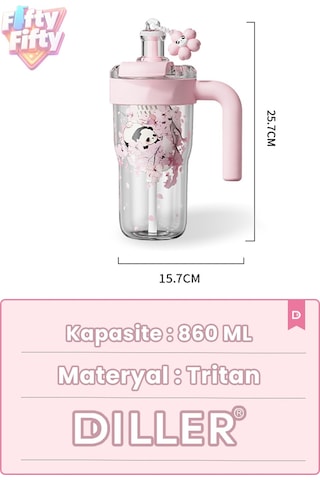 Dıller 860 Ml Pipetli & Rahat İçim Çift Kullanım Tritan Su Matarası Suluk -ffd860ml3renk Pembe