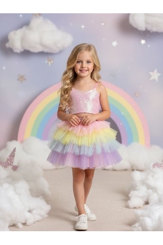 Zekids Kız Çocuk Pullu Crop Tütülü İkili Abiye Takım-17121 Çok Renkli