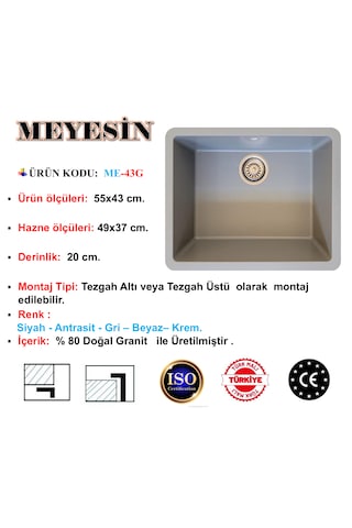 Meyesin ME-43G Tezgah Altı Granit Mutfak Eviyesi Gri 43 x 55 CM