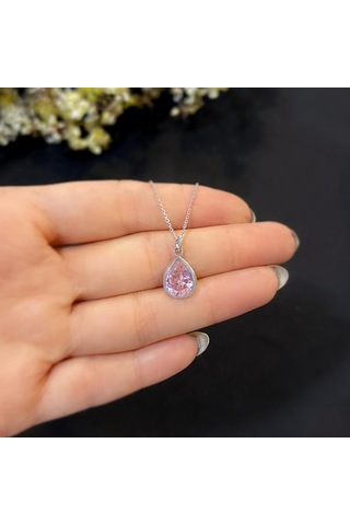 Stela Pembe Kuvars Damla Gümüş Kolye