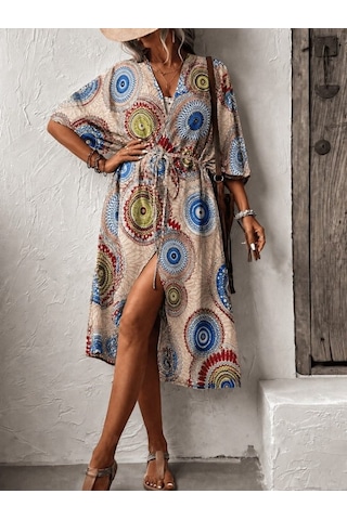Aesco Kadın Kısa Kollu Önü Açık Belden Kuşaklı Uzun Kimono Kırmızı