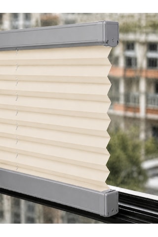 Plise Perde Krem Kumaş + Gri Profil Kasa Cam Balkon Perdesi