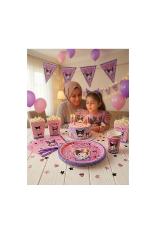 Kuromi Temalı Doğum Günü Parti Seti 8 Kişilik Tabak, Bardak, Balon, Flama, Popcorn Kutusu, Peçete