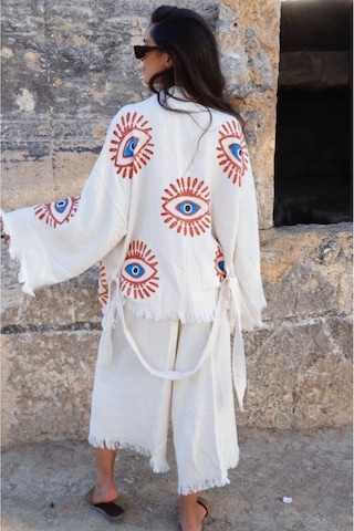 Elif Towels Ekru Renk Taş Baskı Pantolon Ve Kimono Kaftan Seti Ekru