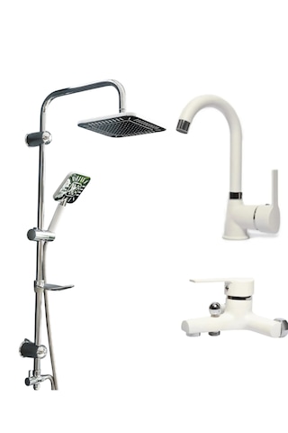 Faumix St32 Beyaz Banyo Lavabo Bataryası Yağmurlama Tepe Duş Seti Beyaz