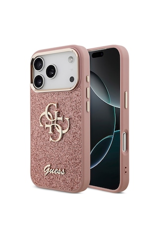 Apple Uyumlu iPhone 17 Pro Kılıf Guess Lisanslı 4g Büyük Metal Logolu Glitter Kapak Pembe Pembe
