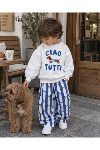 Ciao Tutti Baskılı Sweatshirt Sosis Köpek Baskılı Mavi Çizgili Eşofman 3ip Unisex Alt Üst Takım Beyaz