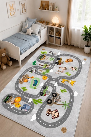 STY Home Safari Gri Çocuk Oyun Halısı Kaymaz Makinede Yıkanabilir Eğitici Bebek Ve Çocuk Odası Halısı Oyun67