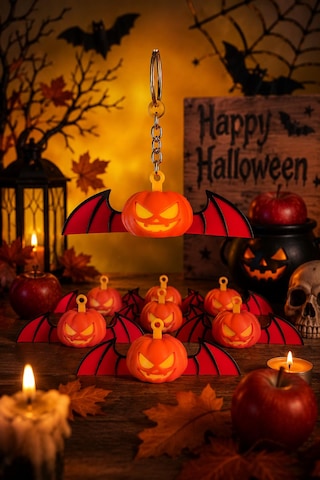 2'li Hareketli Balkabağı Yarasa Anahtarlık Halloween & Cadılar Bayramı Dekoratif Anahtarlık 3d Baskı Hediyelik Turuncu