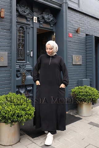 Kadın Siyah Aerobin Uzun Önü Yarım Fermuarlı İkili Takım T1215 Siyah