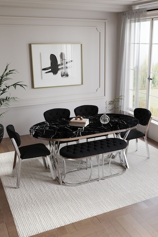 Mutfak Masası Takımı 6 Kişilik Masa Takımı Elma Avangarde Yemek Masa Takımı Benchli Gümüş