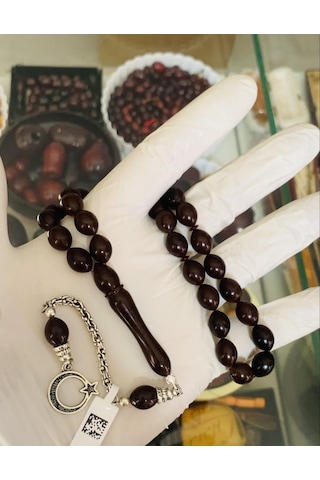 SIKMA KEHRİBAR TESBİH KAHVE RENGİ BEYZİ MODEL ALPAKA PÜSKÜL