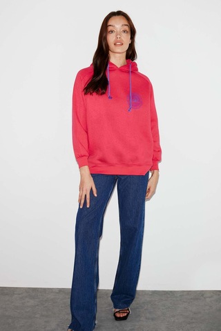 Ethıquet Polınıa Kadın İçi Polarlı Göğsü Baskılı Regular Fit Kontrast Kordonlu Kapüşonlu Pembe Sweat Mavi