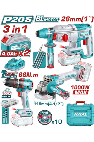 Total TOSLI241198E 3'lü Set Kırıcı Delici + Darbeli Matkap + Taşlama
