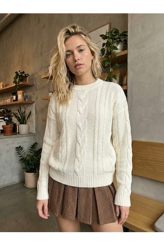 Sayzen Your Shine Saç Örgülü Basic Regular Triko Kazak Sy-2605 Ekru