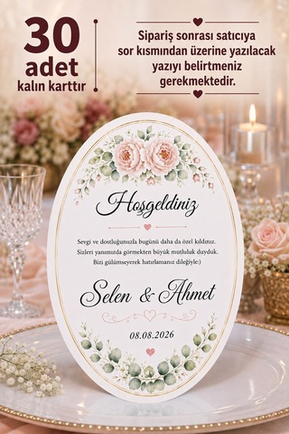 30 Adet Elips Masa Hoşgeldiniz Kartı - Masa Kartı - Teşekkür Kartı