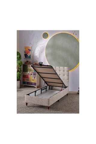 Beehanem Bengü Modern Yatak + Baza + Başlık Seti 100x200 Geniş Tek Kişilik Krem Depolama Alanlı 3'lü 100 x 200
