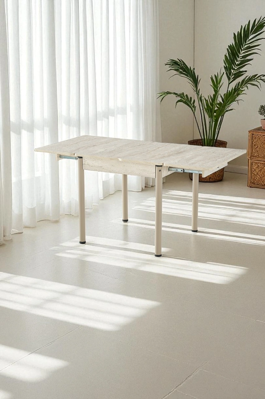 Dengema Neva Açılır Kapanır Mutfak Masası Traverten Desen, Kapuçino Ayak, 80x80/160 Cm Traverten