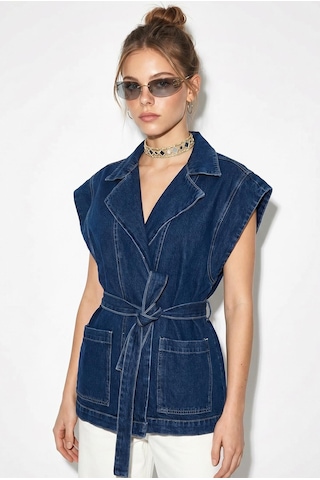 Shade Kadın Kuşak Bağlamalı Cepli Kruvaze Yaka Denim Yelek 3551 60286226 - Lacivert